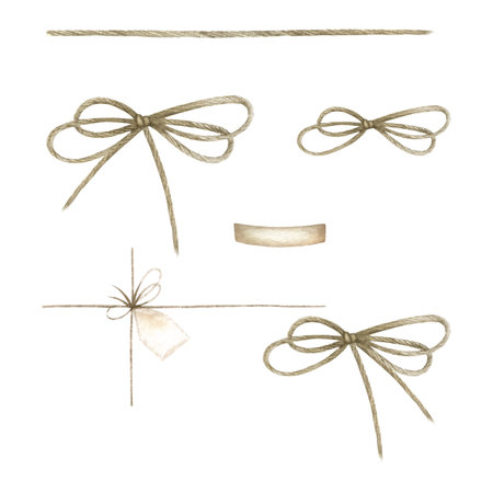 Twine, bows, ropes and ribbon for gift wrapping in brown colors isolated on white. Hand drawn watercolor illustration set of jute cord, thread. For decoration of flower bouquets and festive packaging.の写真素材