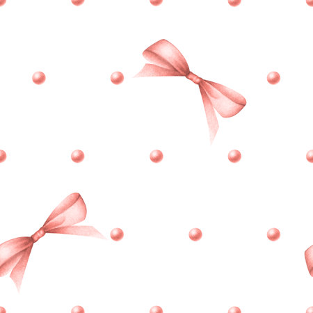 Coquette bows and beads in pastel red and coral colors. Hand drawn watercolor seamless pattern isolated on white background for festive packaging paper, textile, wrapping, fabric, scrapbooking paper.の写真素材