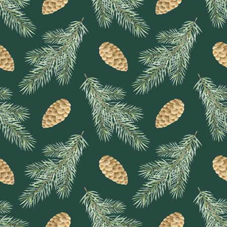 Christmas spruce branches and cones watercolor seamless pattern. Hand drawn winter illustration fir...