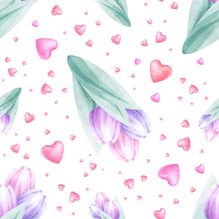 Bouquets of pink and lilac tulips and flying hearts watercolor isolated seamless pattern. Hand draw delicate pastel flower illustration for Valentines, Mother and Women Day design, fabric, packaging.の写真素材