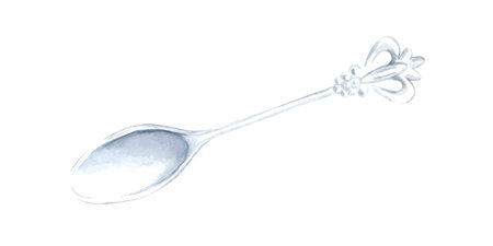 Vintage silver spoon watercolor isolated illustration. Hand drawn old retro metal teaspoon for logotype, kitchen textile, food packaging, recipe, menu and cookbook. Silverware. Antique design element.の写真素材