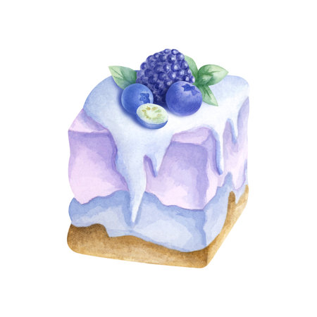 Cake with whipped cream and glaze, blueberry and blackberry. Hand drawn watercolor isolated...