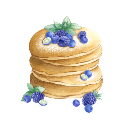 Pancakes with blueberry, blackberry and mint. Hand drawn watercolor isolated illustration. For Mardi Gras, Shrovetide, Maslenitsa holiday, Shrove Tuesday, Pancake Day and Week, Fat Tuesday, carnival.の写真素材