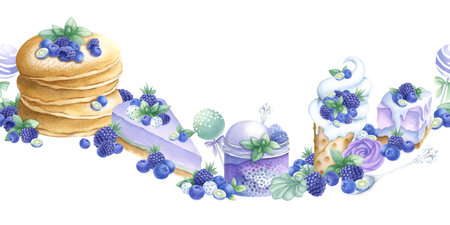 Pancakes, cakes, blueberry, blackberry, ice cream and marshmallows watercolor isolated seamless border. Hand draw horizontal banner of desserts and berries in purple and green color for confectionery.の写真素材