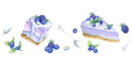 Cakes with blueberry, blackberry and mint, wild berries and silver spoons watercolor isolated seamless border. Hand draw horizontal banner of desserts in purple and green color for pastry shop design.の写真素材