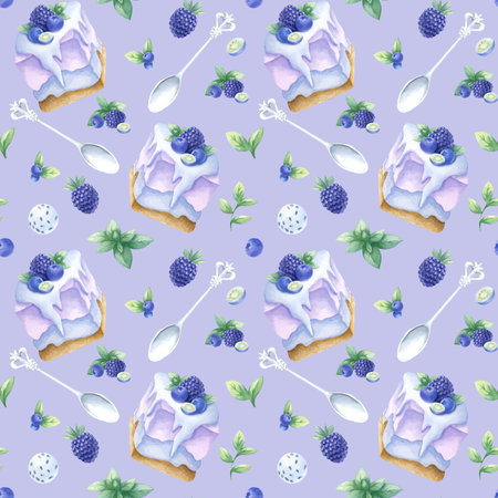 Cakes with blueberry, blackberry and mint, wild berries and silver spoons. Hand drawn watercolor seamless pattern of delicious desserts on lilac for pastry shop, kitchen textile and food packaging.の写真素材