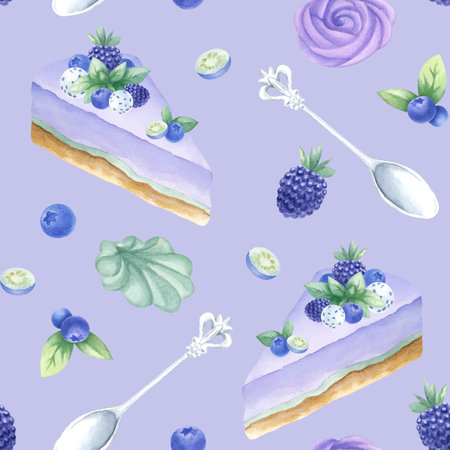 Cakes with blueberry, blackberry and mint, marshmallow and silver spoons. Hand drawn watercolor seamless pattern of delicious desserts on lilac for pastry shop, kitchen textile, food packaging.の写真素材