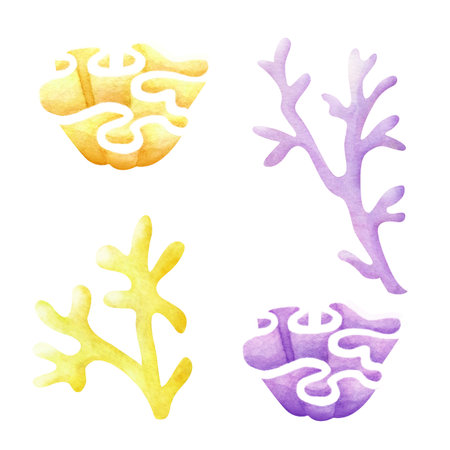 Coral in pastel lilac and yellow color watercolor isolated illustration set in cartoon style. Sketch of marine fauna. Hand drawn underwater sea colorful reef for kids marine design and nautical print.の写真素材