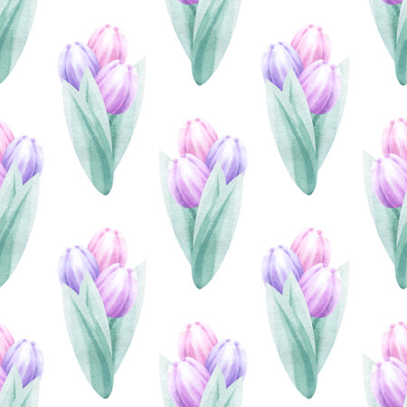 Bouquets of pink and lilac tulips watercolor seamless pattern isolated from background. Hand draw delicate pastel flower illustration for Mother and Women Day design, textile, fabric and packaging.の写真素材