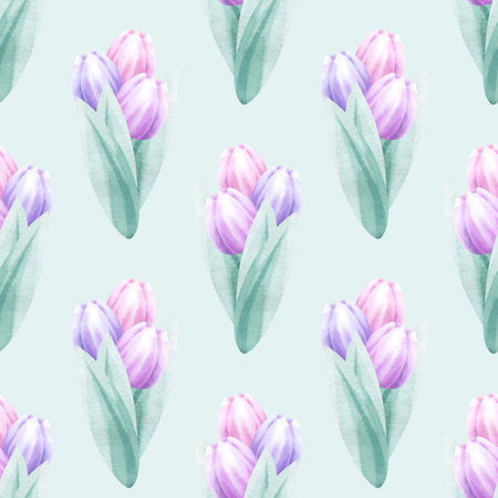 Bouquets of pink and lilac tulips watercolor seamless pattern on light green background. Hand draw delicate pastel flower illustration for Mother and Women Day design, textile, fabric and packaging.の写真素材