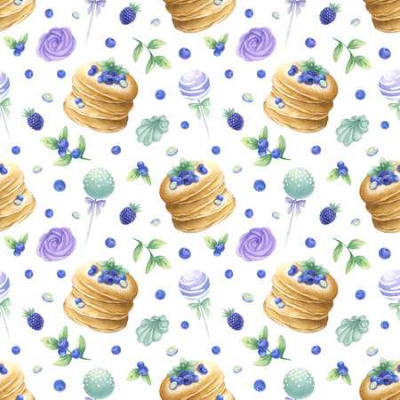 Pancakes with blueberry, blackberry and mint, marshmallow and cake pops watercolor isolated seamless pattern. Hand drawn illustration in purple and green color for kitchen textile, design of pastry.の写真素材