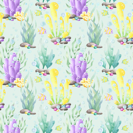 Seaweed, corals, tropical fish and colored pebbles, watercolor seamless pattern on turquoise. Hand drawn sea underwater illustration in yellow, lilac and green color for kids marine, nautical design.の写真素材