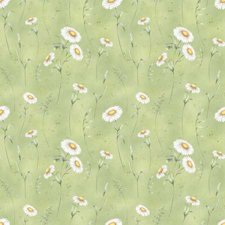 Seamless floral pattern of watercolor wildflowers chamomile and field grasses on green background. Hand drawn sketch meadow yellow flowers and wild greenery for fabric print, textile and tablecloth.の写真素材