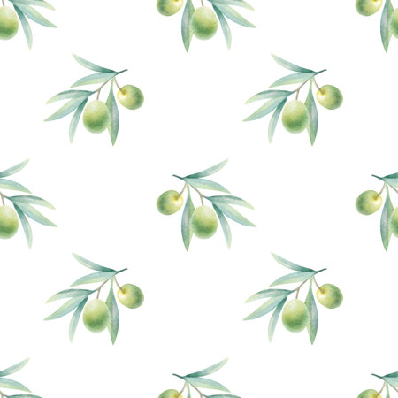 Olive branches with leaves and fruits in realistic style seamless pattern. Hand drawn botanical greenery watercolor isolated illustration with green olives for food packaging, fabric print.の写真素材