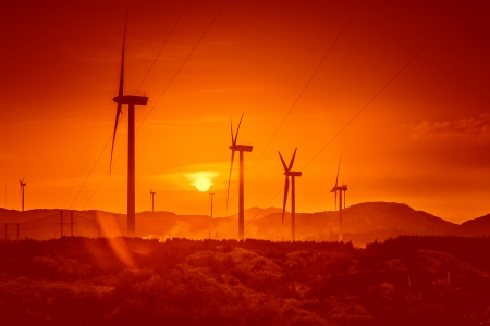 Wind turbines at sunsetの写真素材