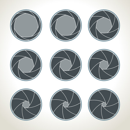 camera shutter icons set. Aperture and photography, Camera shutter equipment digital camera shutter icon.のイラスト素材