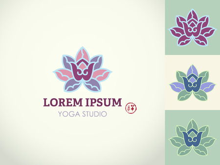 design template and emblem made with yogic hand gesture gestures and lotus - beauty and spa - badge for yoga classes, holistic centers, natural cosmetics - meditation and health concept, hieroglyph zen.のイラスト素材