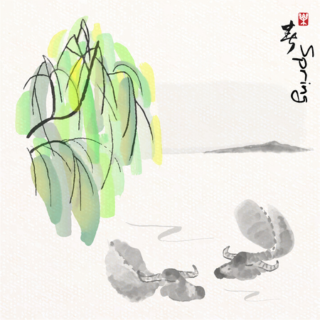 Buffalo swimming near by willow shore in river  with Chinese painting art style, Chinese characters mean enjoy springtime.のイラスト素材