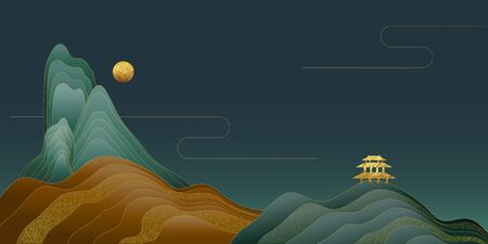 Vector illustration of beautiful landscape background with a night, yellow hills, black sky, golden pavilion.のイラスト素材