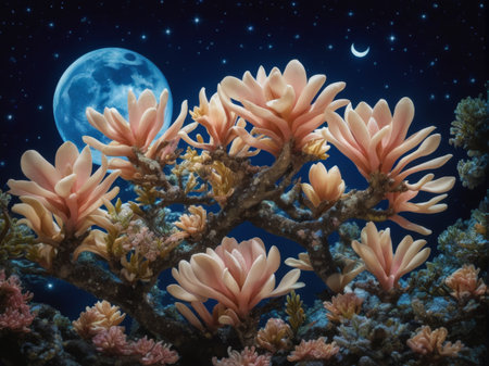 Enjoy coral magnolias from a low Angle, a sky full of stars and a bright moon in the background. AI generation.の素材