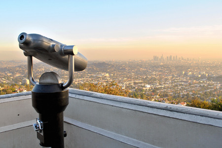 Los Angeles, California, skyline at sunset with smogの写真素材