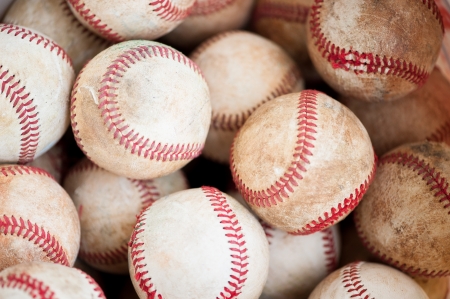 close up of old practice baseballsの写真素材