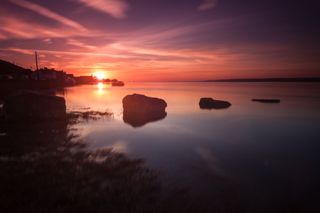 Sunset at Penclawdd on the Loughor Estuary, north Gower, Swansea.の写真素材