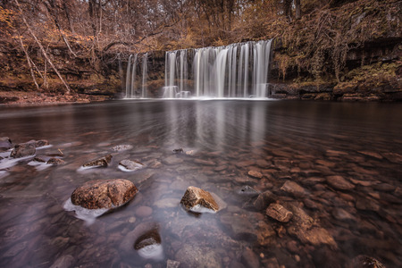 Sgwd Ddwli Uchaf waterfall, South Wales.の写真素材