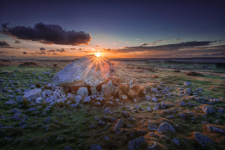 Sunset at Arthur's stone A landmark on the top of Cefn Bryn, North Gower, South Wales, Swansea.の写真素材