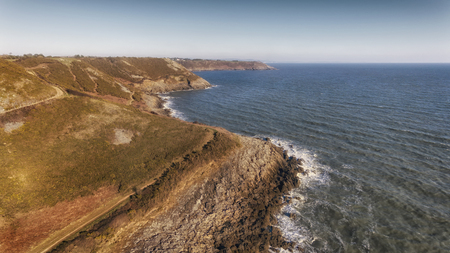 The Wales coastal path near Pwll Du bay on the Gower peninsula, Swansea, a long-distance footpath which runs along the whole of the coastline of Wales.の写真素材
