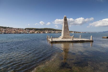 Editorial Kefalonia, UK - September 22, 2019: The four-faced symmetrical Kolona obelisk at the De Bosset Causeway in Argostoli, Kefalonia, that once served as a tribute to Great Britain,のeditorial素材