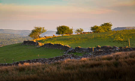 Evening sunlight on the old dry stone walls that divide fields on the Brecon Beacons, South Wales, UK.の写真素材