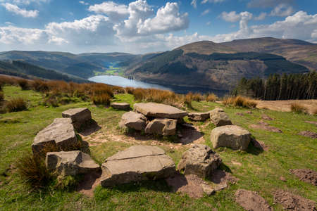 A view of the Talybont reservoir from the slopes of Tor y Foel hill in the Brecon Beacons, UKの写真素材