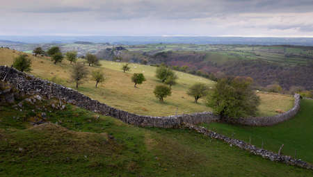 Green fields and sheep near Carreg Cennen castle in Carmarthenshire in South Wales UK