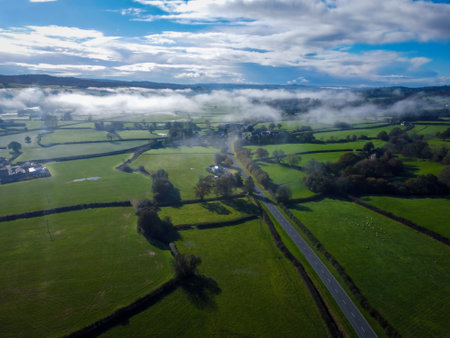A covering of ground mist over the fields around Llandeilo in South Wales UKの写真素材