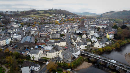 Editorial Brecon, UK - November 19, 2021: Drone view of Brecon, a market town at the top edge of the...