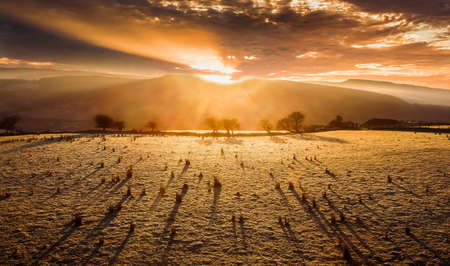 Early Winter morning, sunrise and shadows on Gwrhyd Mountain, South Wales UKの写真素材
