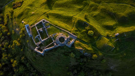 Drone view of Dryslwyn Castle, considered one of the most important remaining structures built by a Welsh chieftain, standing on high ground overlooking the Towy Valley in Carmarthenshire, South Wales UKのeditorial素材