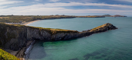 The Pembroke coastline at Whitesands Bay near St David's City in West Wales, a surfing destination with a shop and cafe.の写真素材
