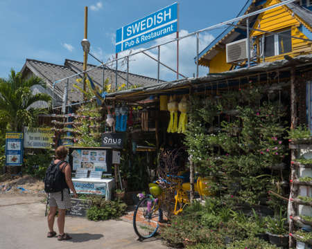 Street with Swedish restaurant in the city of Saladan, on the northern part of the island of Koh Lanta in southern Thailand.のeditorial素材