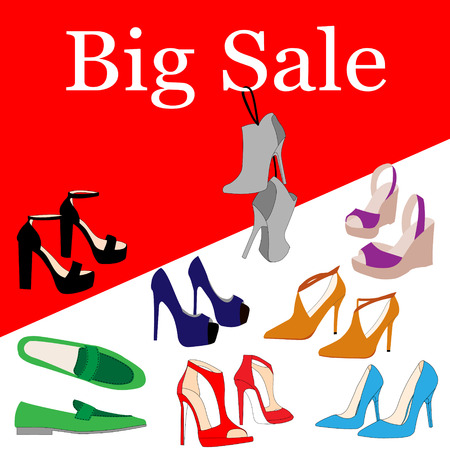 Set of Colorful fashion womens high heel shoes,boots hang on ribbons.Casual and festive isolated shoes.のイラスト素材