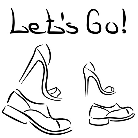 Man and woman. Let's go. Women's and men's shoes. T-shirt print. Text Let's go!のイラスト素材