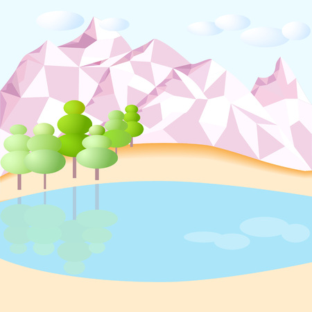 Pastel mountains, lake forest and clouds. 3d rendering picture.のイラスト素材