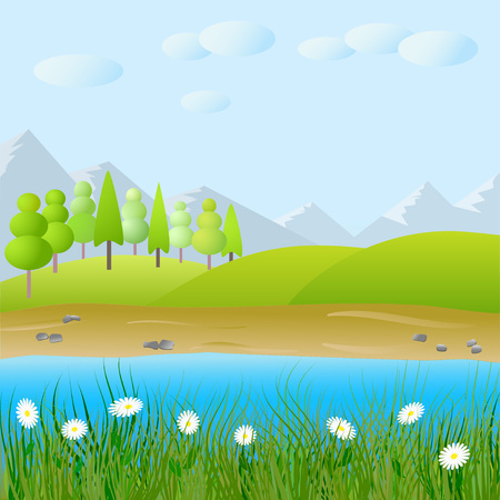 Vector cute flat landscape with mountain, forest,lake and clouds background template illustrationのイラスト素材