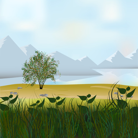 Vector cute flat landscape with mountain, forest,lake and clouds background template illustrationのイラスト素材