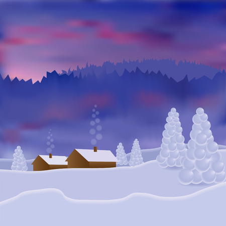 Vector winter landscape with snow house, forest and light mountainsのイラスト素材