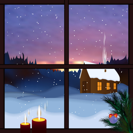 Winter window. Snowy landscape, view from the window. Falling snow, winter dawn, snow forest. Merry Christmas and happy new year greeting postcard. Christmas background with window, mountain, trees.のイラスト素材