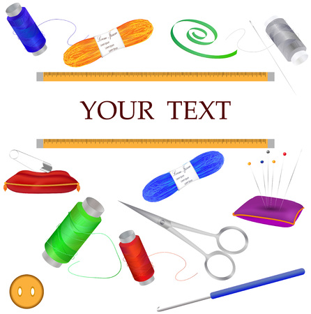 Set of tools for needlework and sewing. Handmade equipment and needlework accessoriesy, sketch illustration. Vectorのイラスト素材