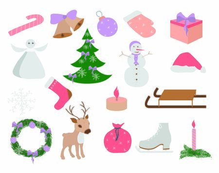 Set of Christmas and New Year elements, hand drawn style -animals and other elements. Vector illustration.のイラスト素材