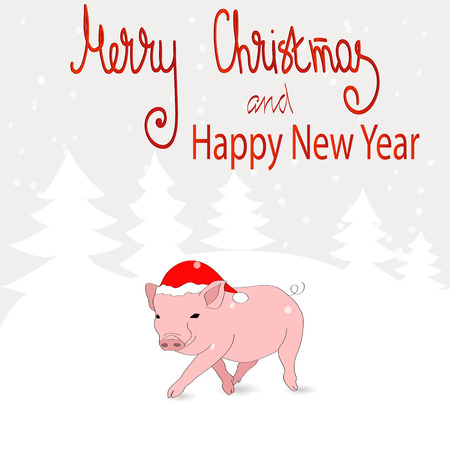New 2019. Christmas New Year's card with a piglet and a winter landscape. Merry greeting cardのイラスト素材